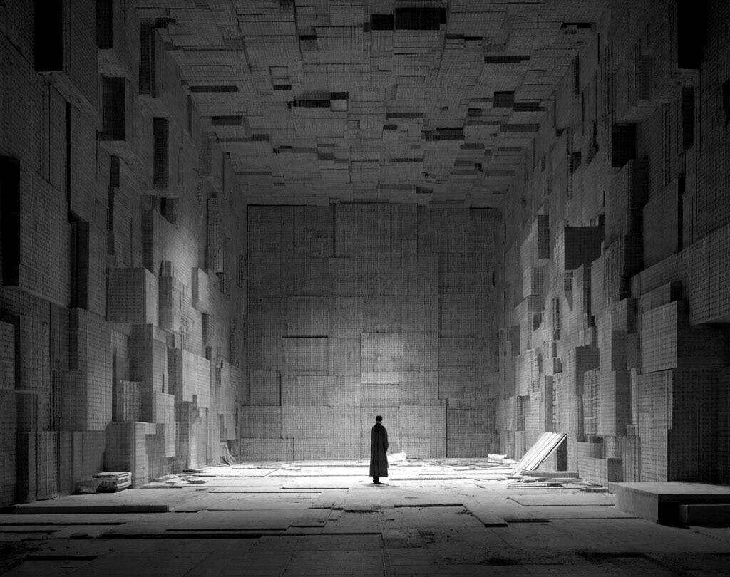 A solitary silhouette stands in a confining architectural space, black and white imagery representing the golden cage metaphor