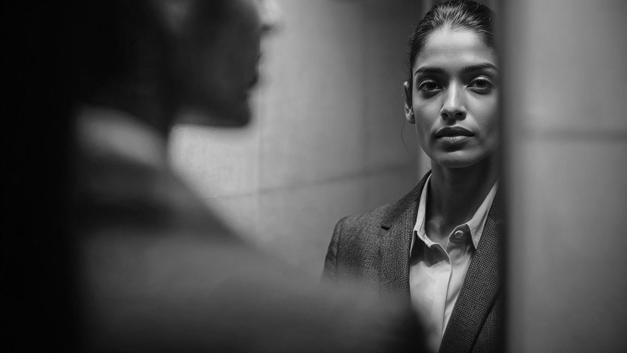 A woman standing before her own reflection — present but unfamiliar with what she sees